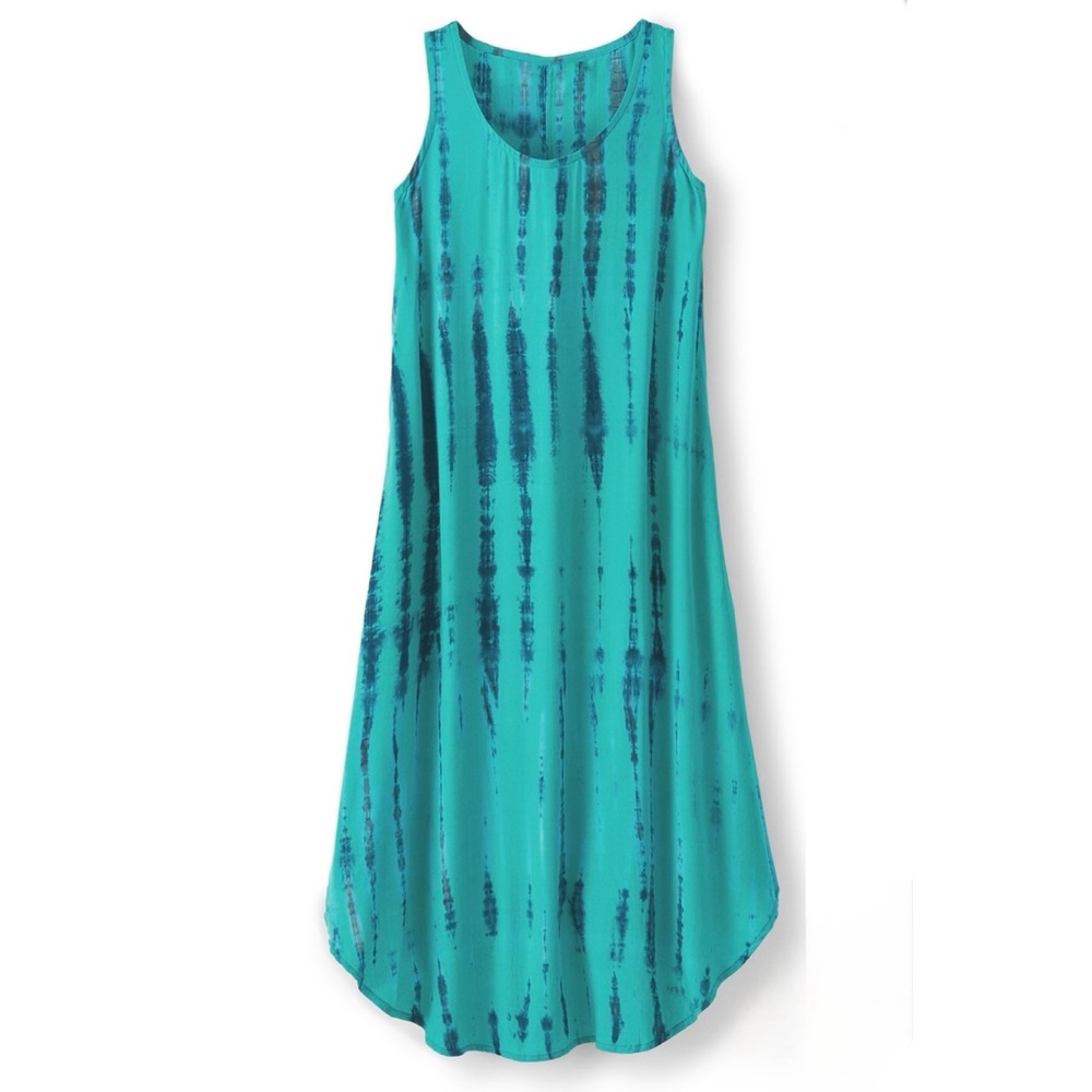 Soft Surroundings XS Tie Dye Tank Dress Blue Rayon Boho Beachy Summer Midi Maxi